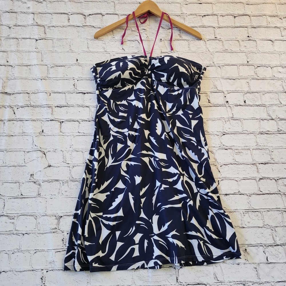 Tommy Bahama Womens Navy White Tropical Leaf Halter Swim Dress TSW31315C Large